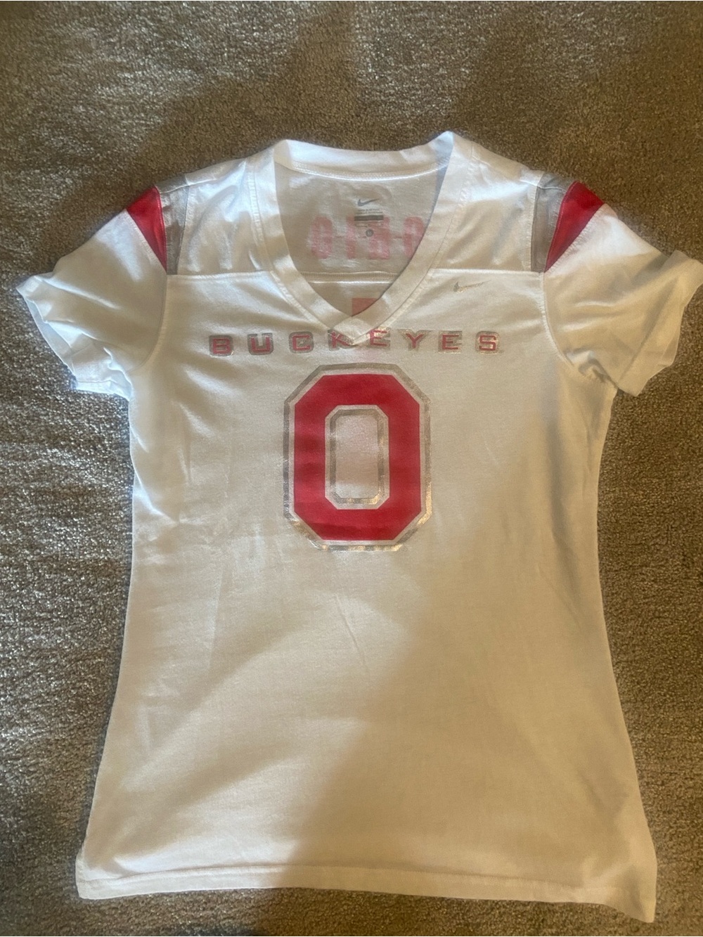 Nike brand White Tee with Red Buckeyes 'O' Graphic
